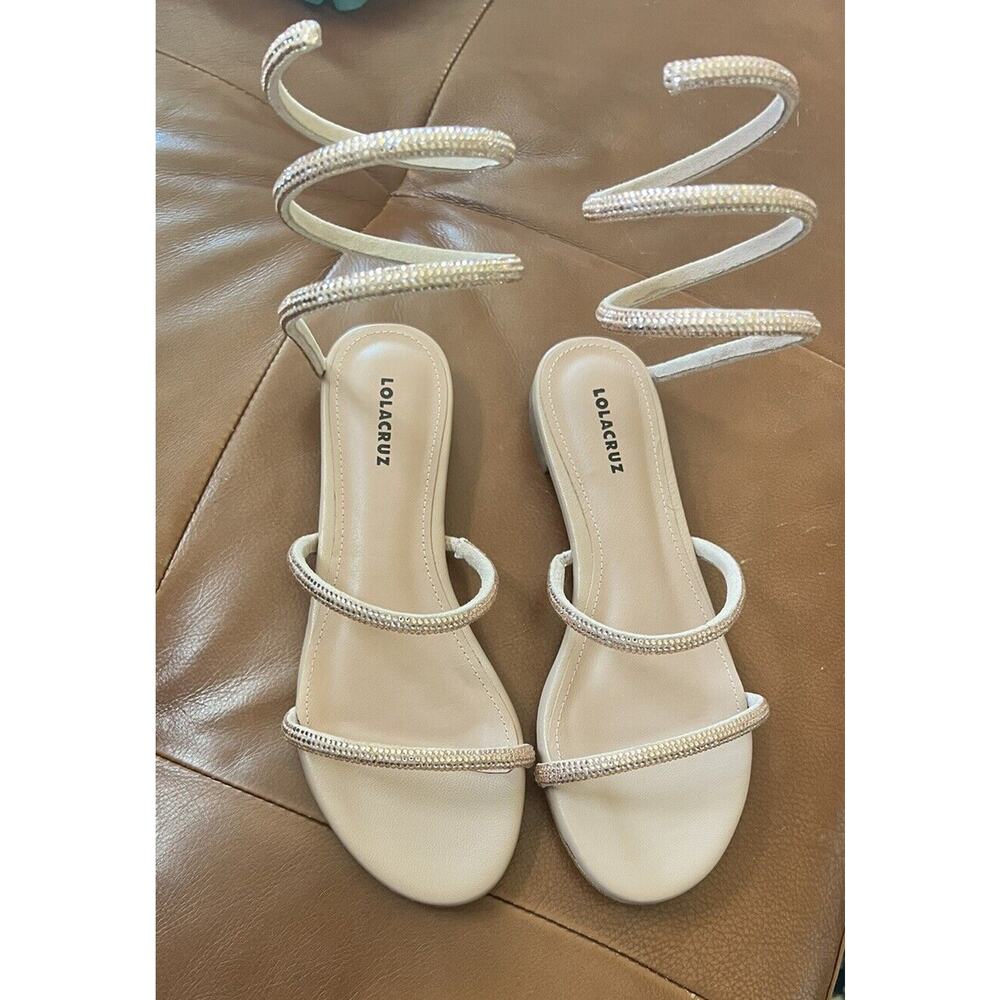 Lola Cruz Piale Pink Cream Blush Rhinestone Wrap Flat Sandals 36 - Picture 2 of 3